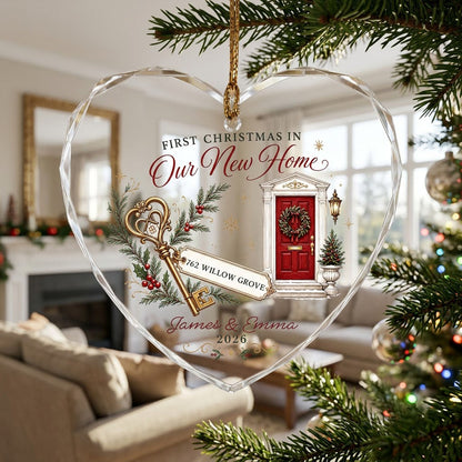 Personalized First Christmas in Our New Home Key Front Door Heart Glass Ornament