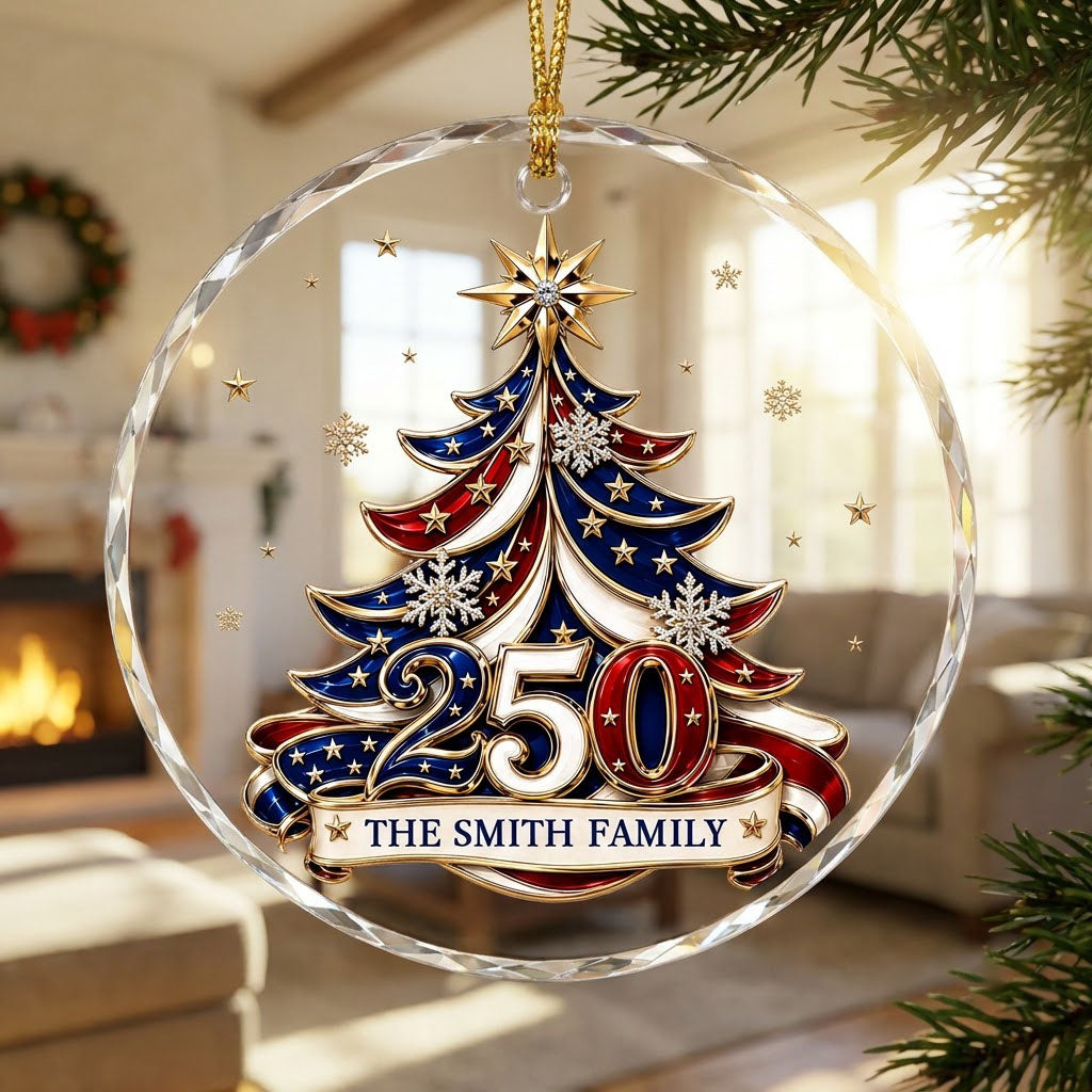 Personalized 250th Anniversary Patriotic Christmas Tree Round Glass Ornament