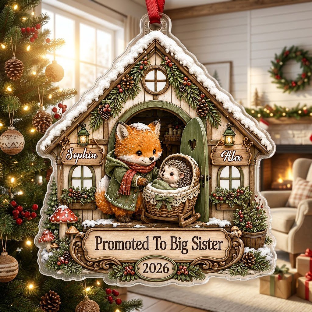 House-shaped acrylic ornament with 'Promoted To Big Sister' and a fox beside a baby hedgehog in a bassinet.