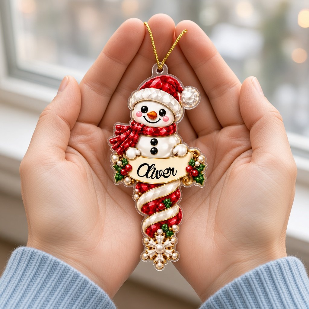 Custom-cut acrylic snowman ornaments with red scarves and scroll banners personalized with a child's name.