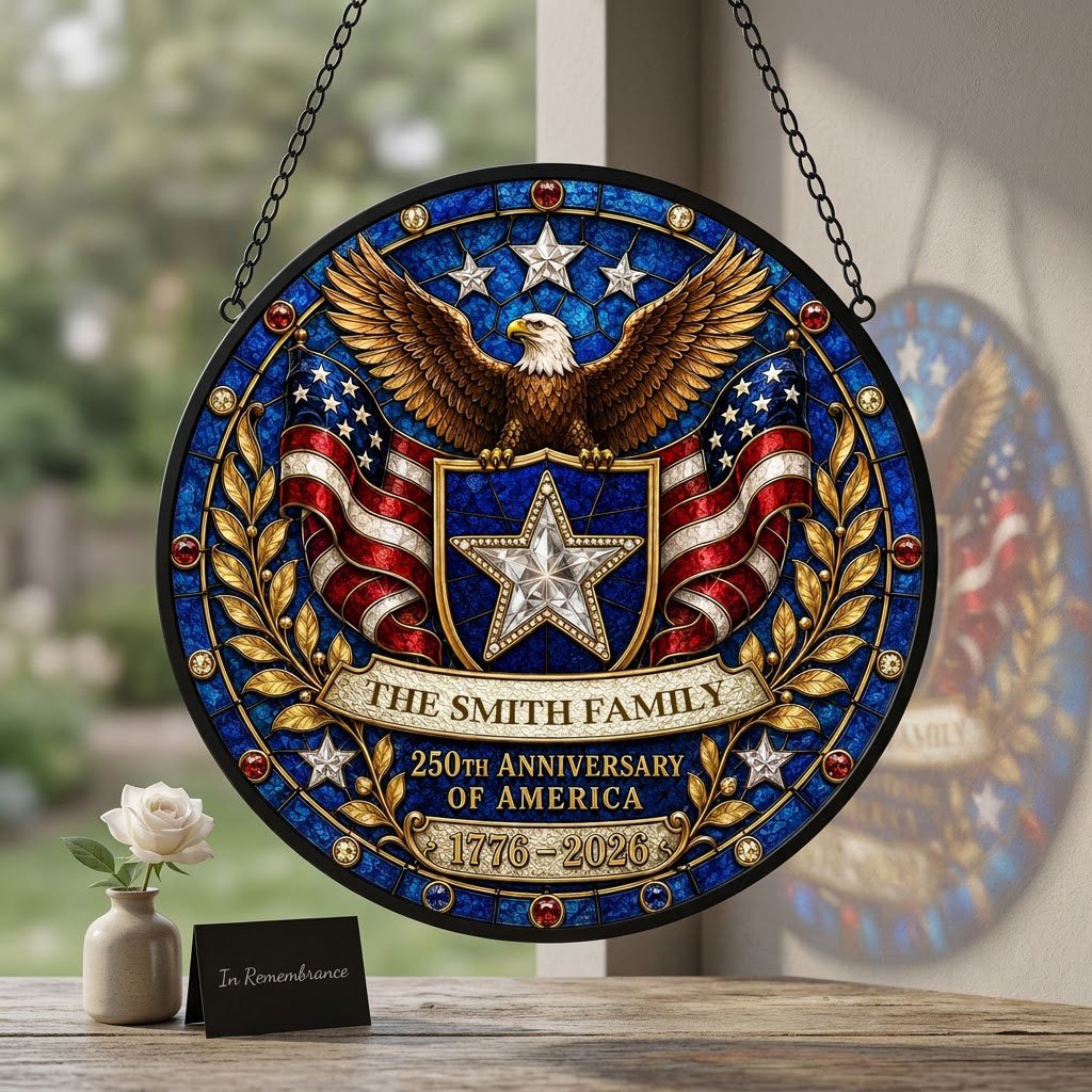 Round stained glass-style suncatcher with a bald eagle, blue star shield, American flags, laurel and a jeweled border.