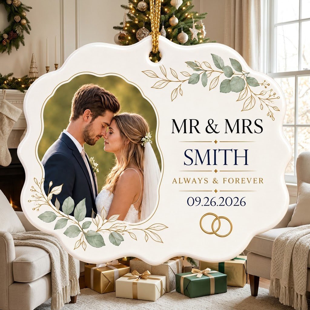White scalloped ceramic medallion with MR & MRS, eucalyptus, gold rings, and a couple’s photo on the left.