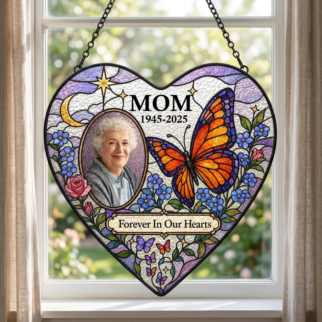 Heart suncatcher with photo oval, Forever In Our Hearts text, butterfly, moon, roses and forget-me-nots.