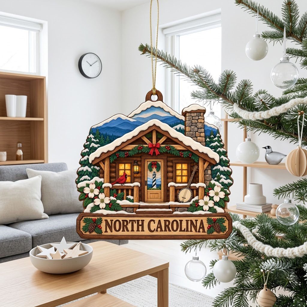 Log cabin ornament with NORTH CAROLINA banner, red cardinal, banjo, dogwood flowers, pine trees, and blue mountains.