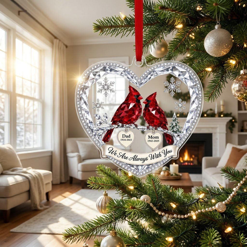 Heart ornament with two red crystal-style cardinals, snowflakes, a ribbon banner, and two dangling name-date heart charm