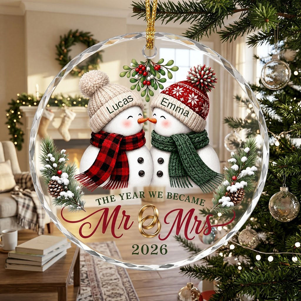 Round faceted glass ornament with two kissing snowmen under mistletoe and gold rings, personalized with names.