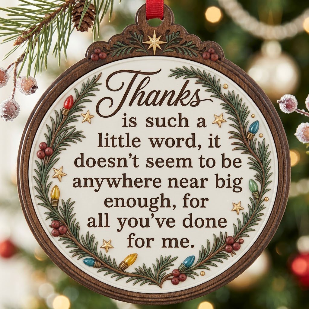 Wood ornament with arched top, pine branches, colorful lights, red berries, gold stars, and a heartfelt thank-you quote.