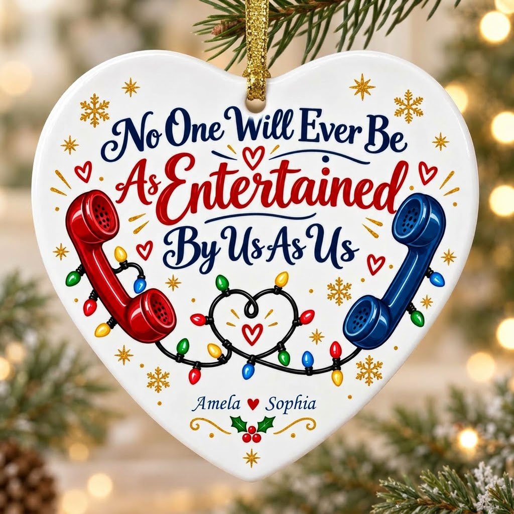 Heart ceramic ornament with red and blue vintage phones, heart-shaped Christmas lights, gold snowflakes and holly.
