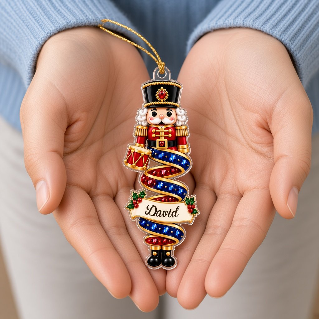 Custom-cut acrylic ornaments with a cartoon nutcracker and a praying angel wrapped in decorative ribbons.