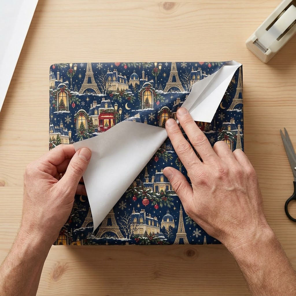 Navy Christmas wrapping paper with golden Eiffel Towers, Parisian buildings, a red cafe, stars, moons and snowflakes.