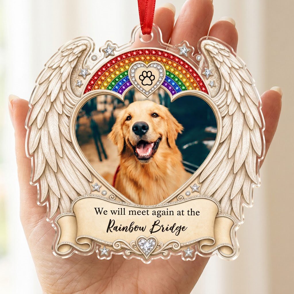 Acrylic ornament with angel wings, heart photo frame, rainbow arch, jeweled paw-print heart and bottom scroll.