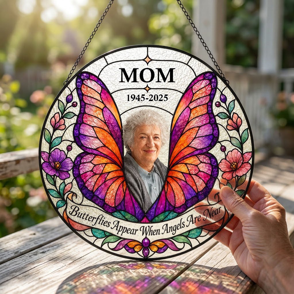 Round stained-glass suncatcher with butterfly wings, purple and pink flowers, a photo arch and a name banner.