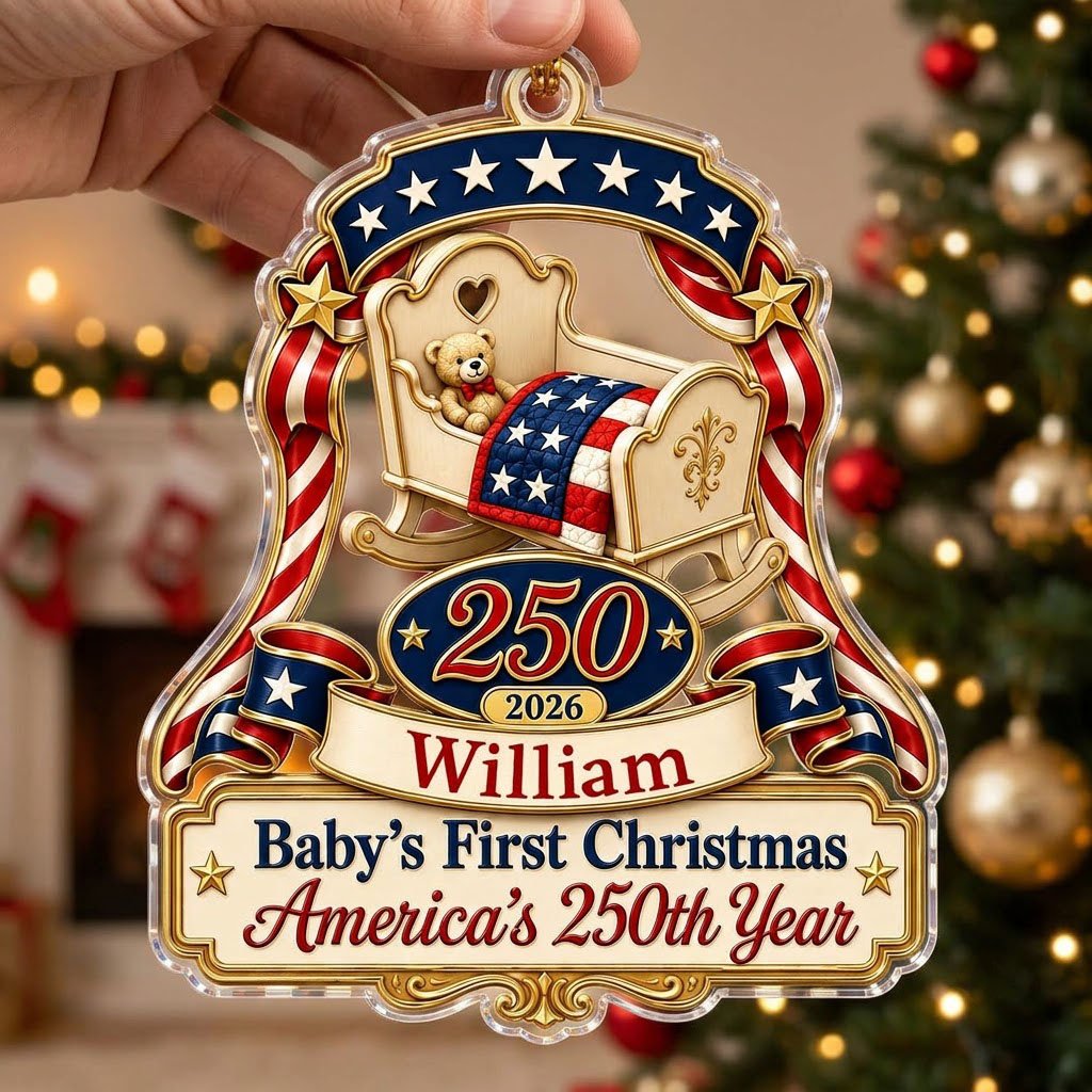 Acrylic ornament with baby crib, teddy bear, patriotic ribbon, and 'Baby's First Christmas', personalized with name and 