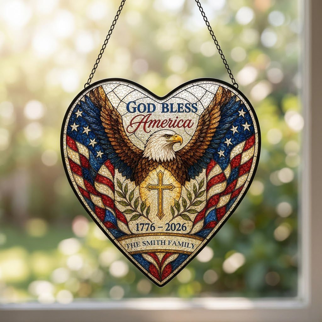 Heart-shaped stained glass suncatcher with a bald eagle over a golden cross and American flag border.