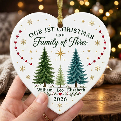 Our 1st Christmas As A Family Of Three Pine Trees - Personalized Heart Ceramic Ornament (Printed On Both Sides)