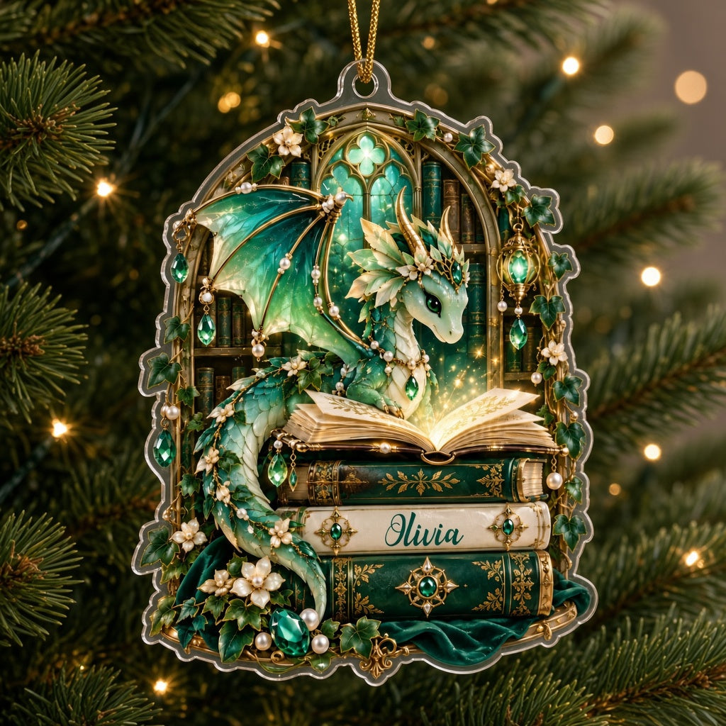 Emerald green dragon with gold-accented wings on vintage books, name Olivia, stained-glass arch acrylic ornament.