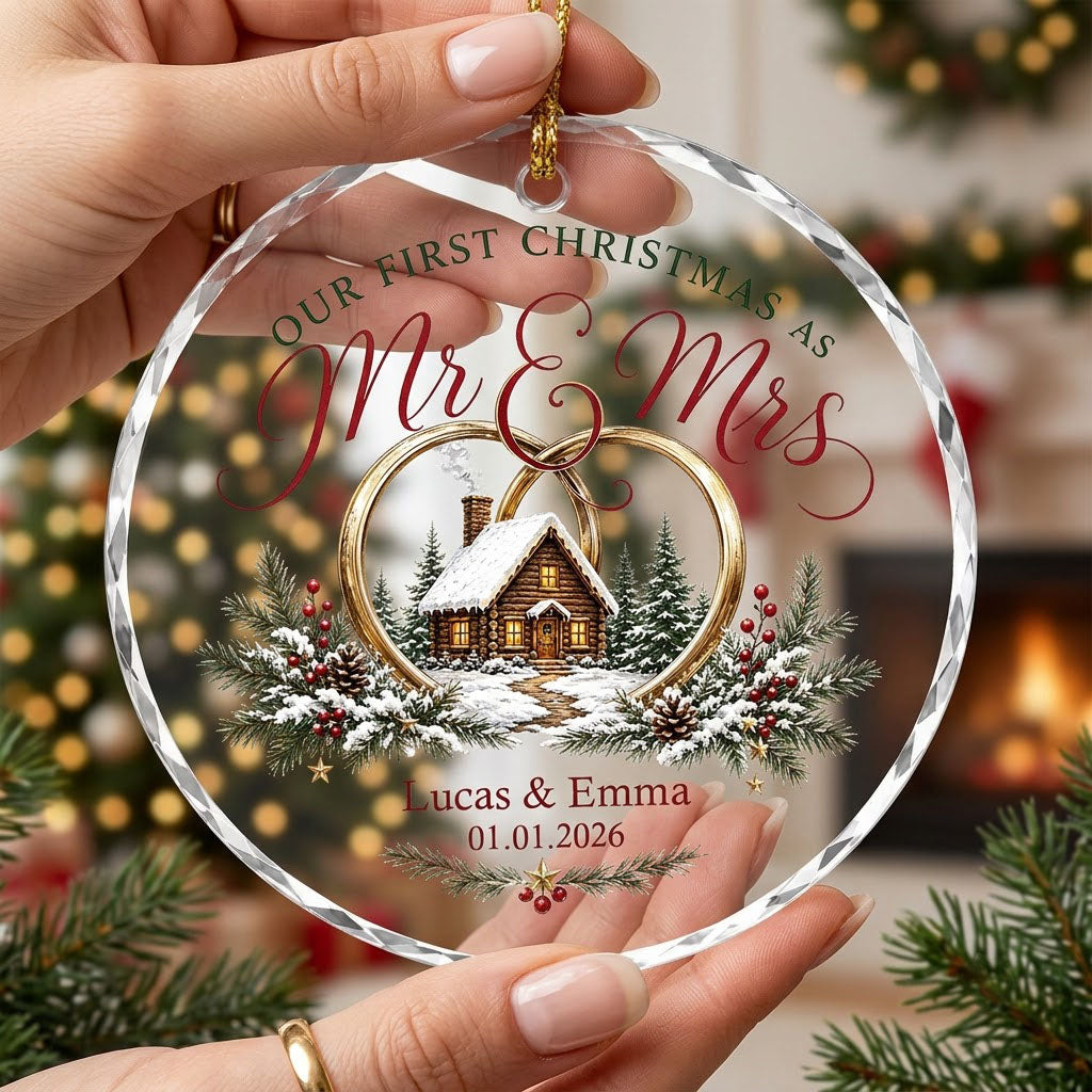 Personalized Our First Christmas as Mr & Mrs Winter Cabin Round Glass Ornament