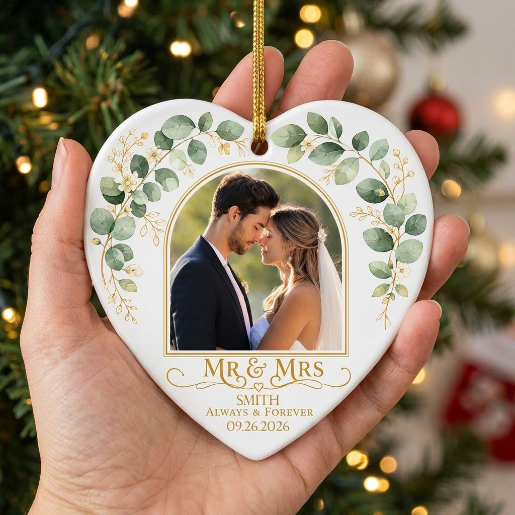 White heart ceramic ornament with wedding photo, eucalyptus leaves, gold accents, and text MR & MRS, ALWAYS & FOREVER.