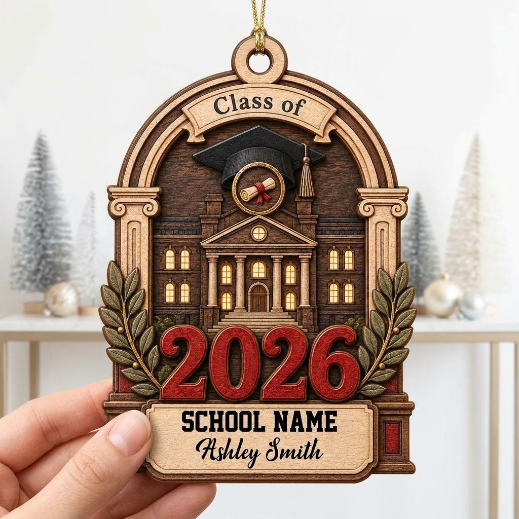 Personalized Class of Graduation Crest Wood Ornament with Cap, Diploma & Laurels