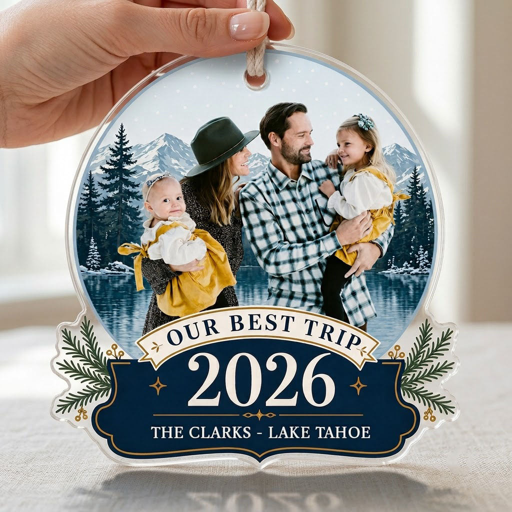 Personalized Our Best Trip Snow Globe Photo Acrylic Ornament