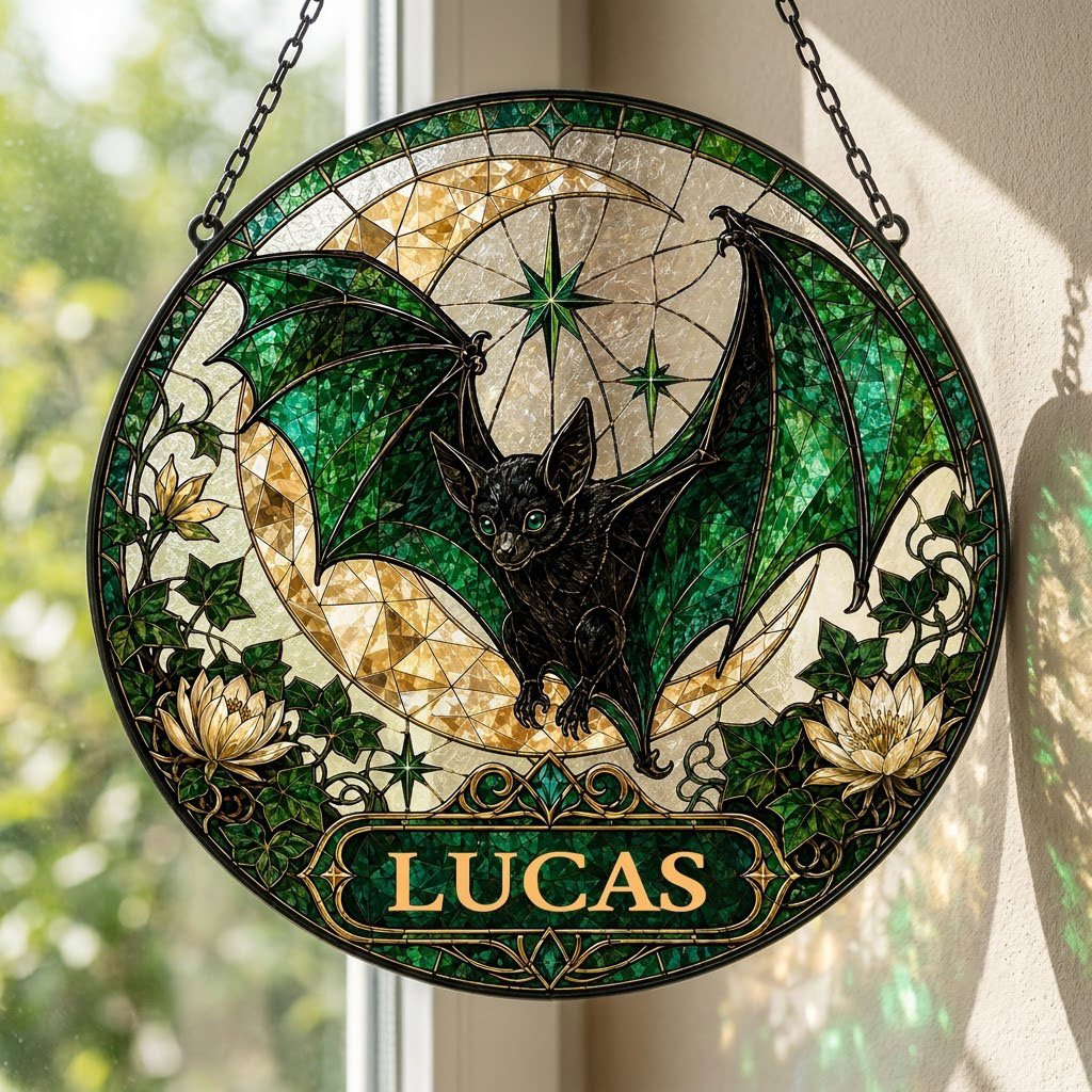 Round stained-glass style suncatcher with black bat, green wings, crescent moon, ivy, white flowers, and a personalized 