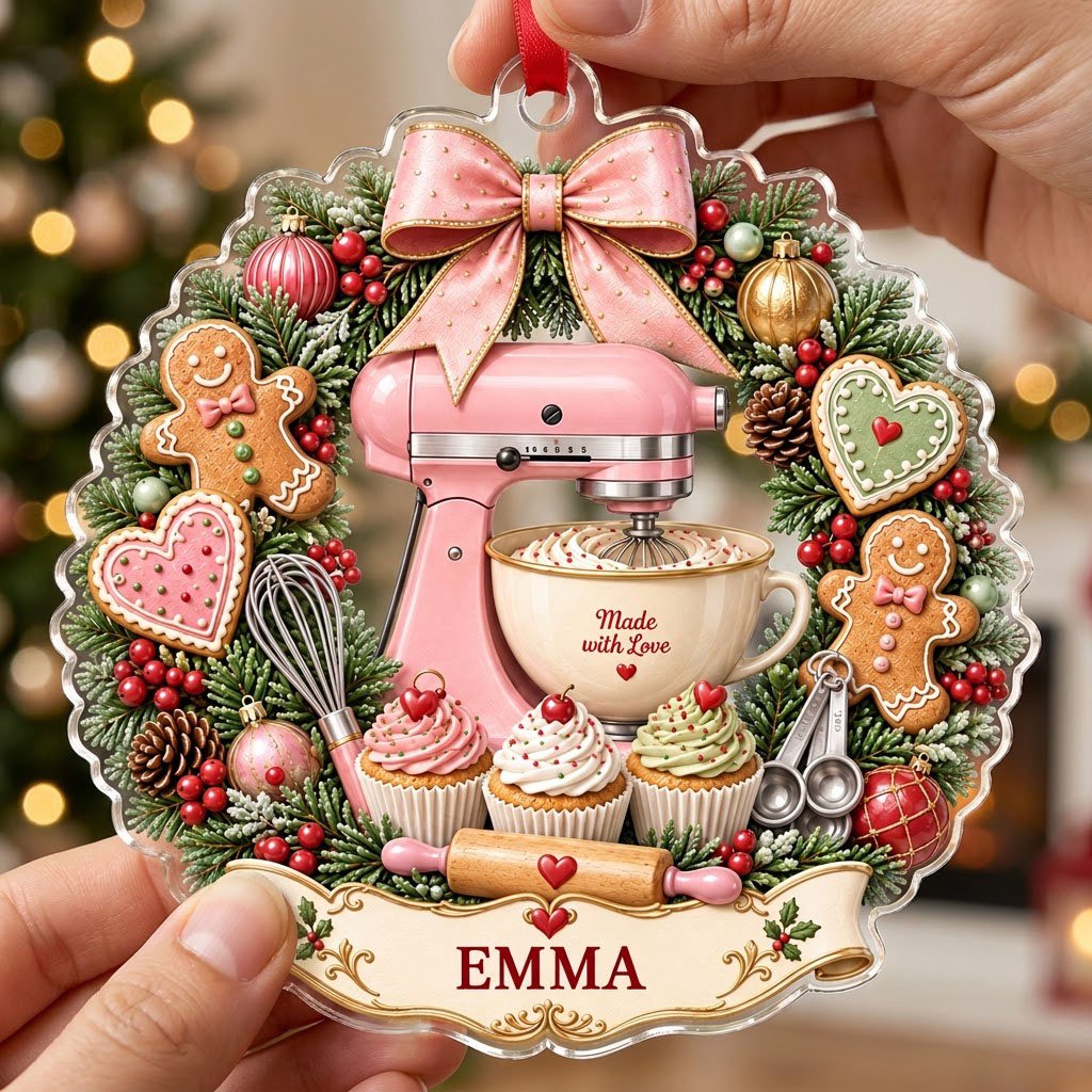 Scalloped clear acrylic ornament with a pink mixer in a Christmas baking wreath and a Made with Love banner.