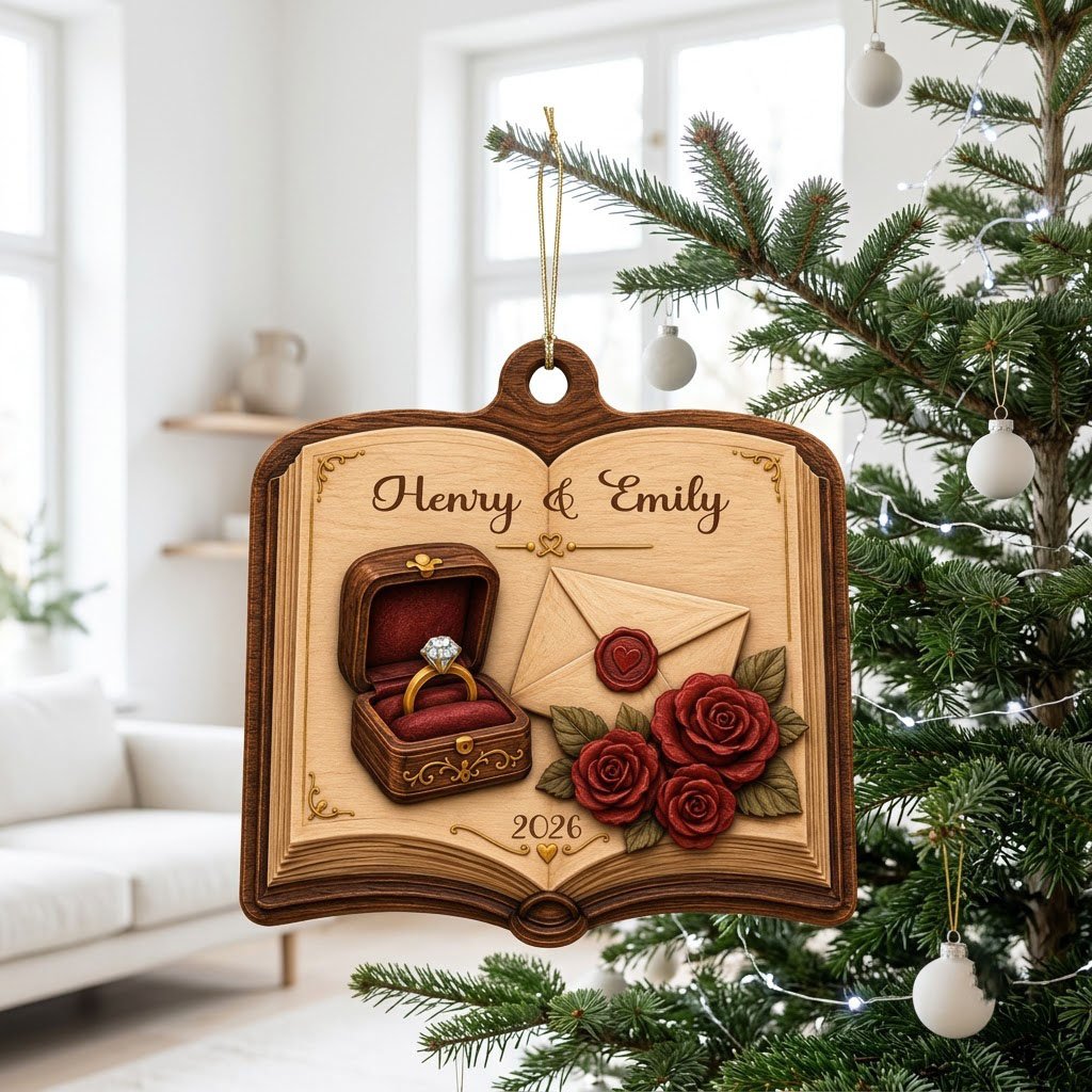 Open book wood ornament with a ring box, red roses, wax-sealed envelope, and custom names and year.