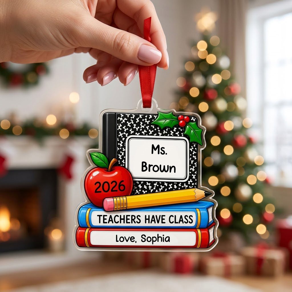 Personalized Teacher Composition Book Stack Acrylic Ornament, Custom School Appreciation Keepsake
