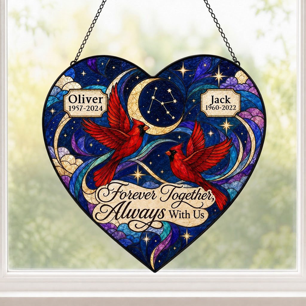 Heart stained glass suncatcher with two red cardinals, crescent moon, stars, clouds, and memorial name banners.