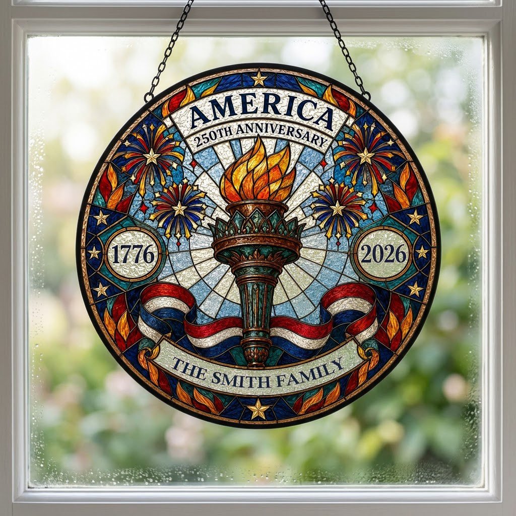 Round stained glass suncatcher with a central torch, fireworks, stars, and a red, white and blue ribbon.