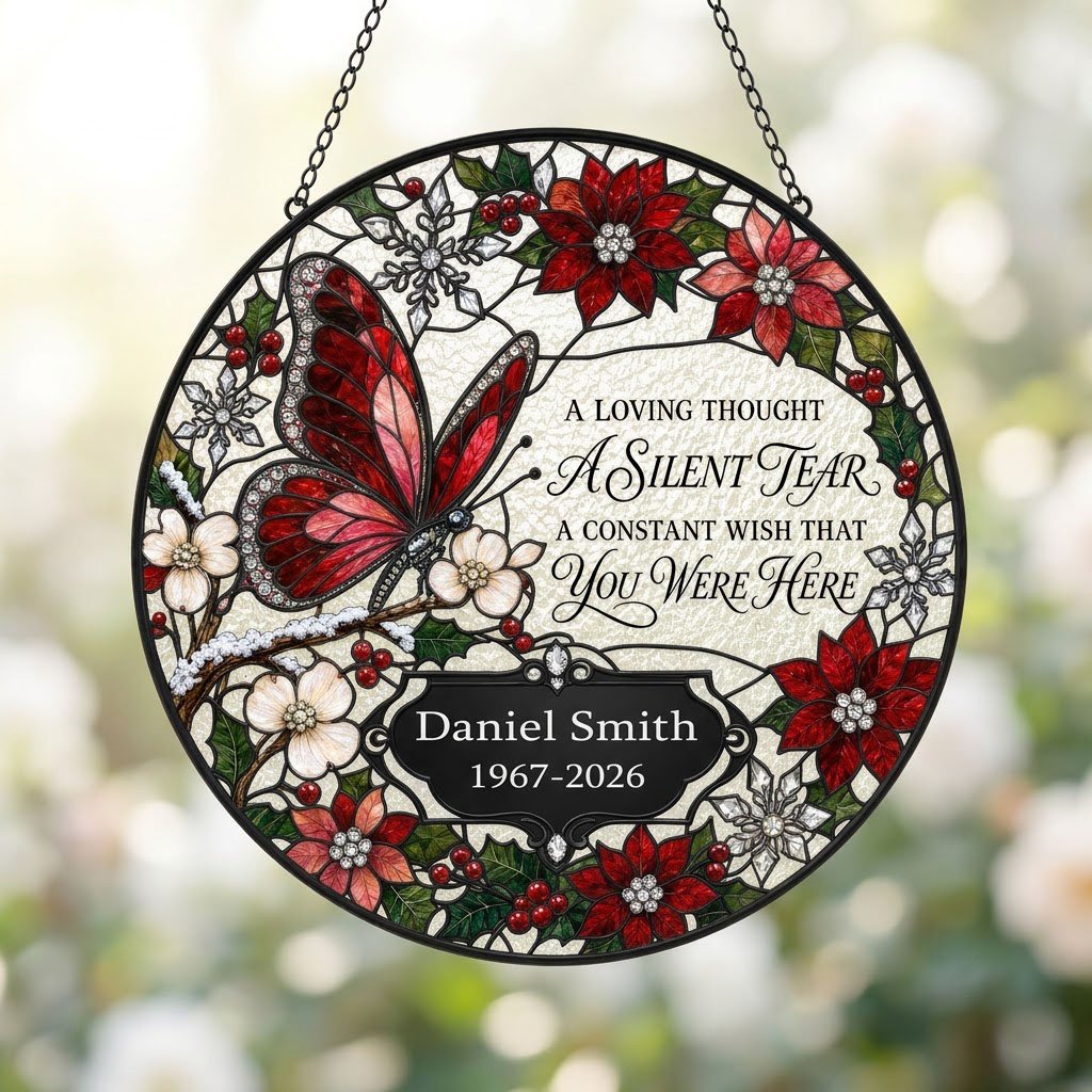 Personalized Red Butterfly Poinsettia A Silent Tear Memorial Stained Glass Round Suncatcher