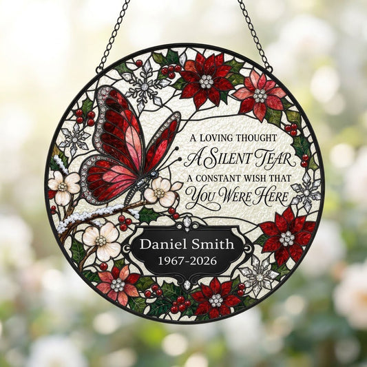 Personalized Red Butterfly Poinsettia A Silent Tear Memorial Stained Glass Round Suncatcher