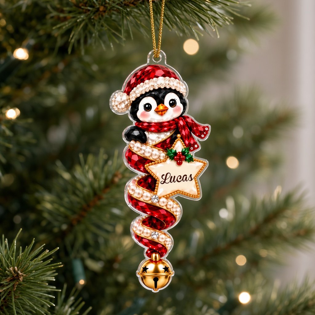 Acrylic angel and gingerbread ornaments with jeweled ribbons, heart or star name banners, and gold bells.