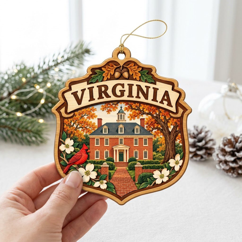 Shield-shaped wood ornament with “VIRGINIA,” colonial brick building, cardinal, acorns and white dogwood flowers.