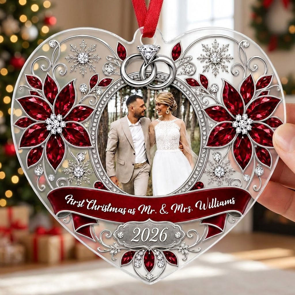 Heart acrylic ornament with couple photo, silver rings, poinsettias, and First Christmas as Mr. & Mrs. 2026.