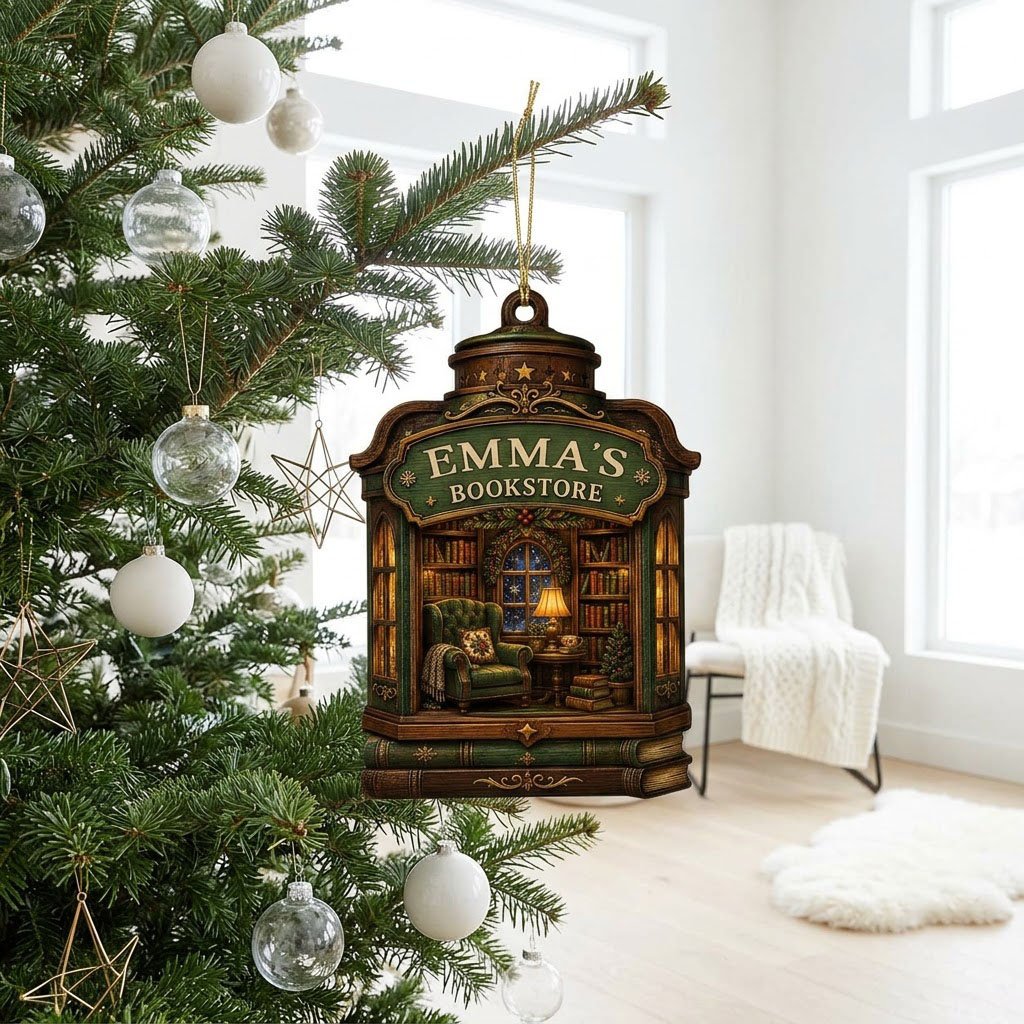 Custom-cut wood ornament like a vintage bookstore with a cozy library scene and a green BOOKSTORE sign.
