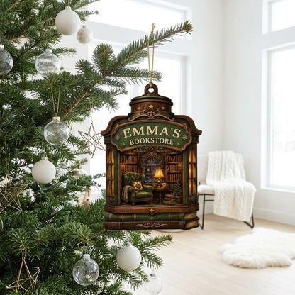 Custom-cut wood ornament like a vintage bookstore with a cozy library scene and a green BOOKSTORE sign.