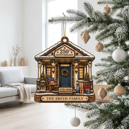 House-shaped ornament with patriotic porch, blue door, wreath, and '250TH ANNIVERSARY 1776-2026' text