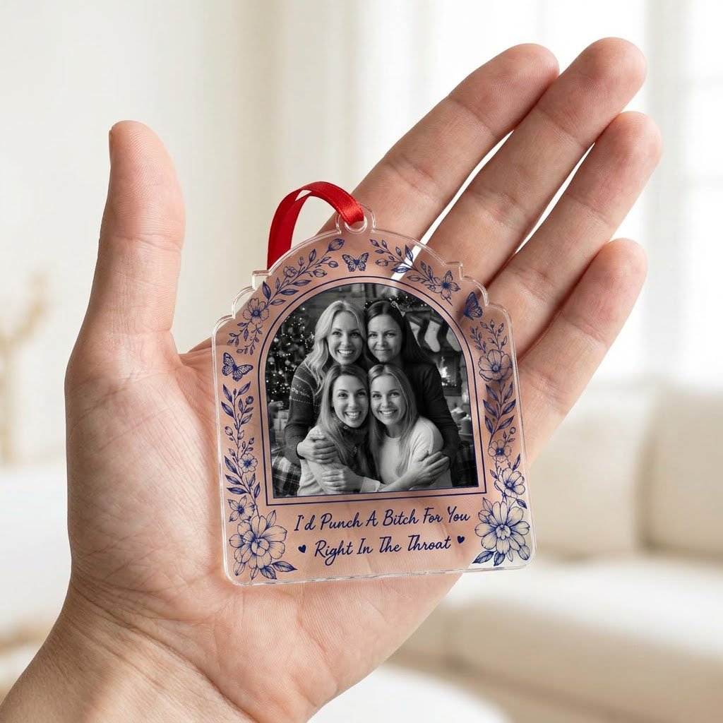 Clear acrylic arch ornament with navy floral border, butterflies, bold quote and a black-and-white friends photo.