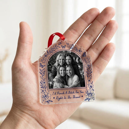 Clear acrylic arch ornament with navy floral border, butterflies, bold quote and a black-and-white friends photo.