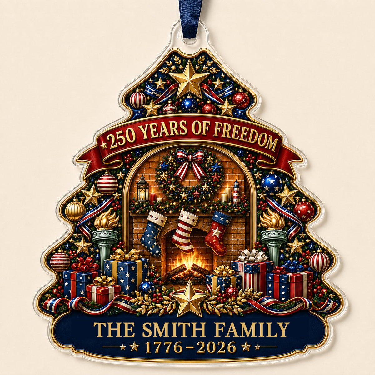Personalized America 250th Tree Fireplace Acrylic Ornament, Custom Patriotic Holiday Keepsake