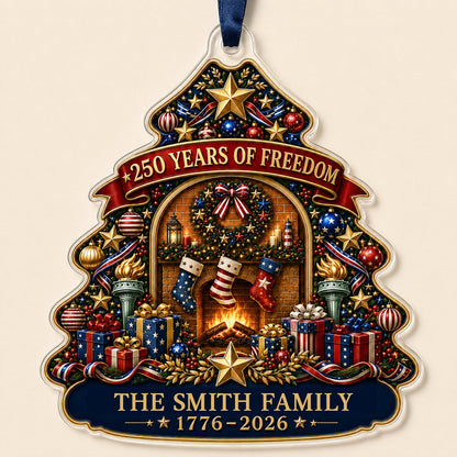 Personalized America 250th Tree Fireplace Acrylic Ornament, Custom Patriotic Holiday Keepsake