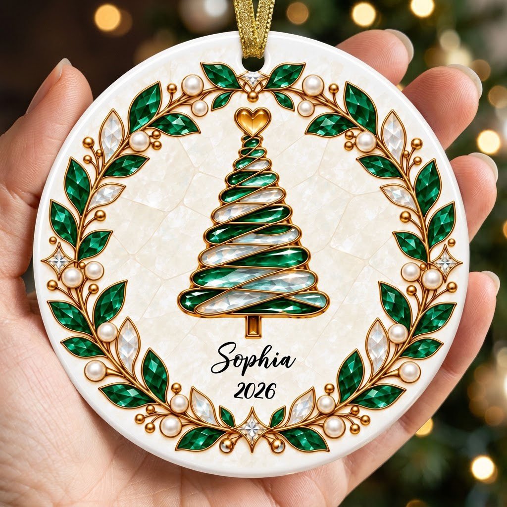 Round ceramic ornament with an emerald jeweled spiral Christmas tree and gold filigree wreath on cream.