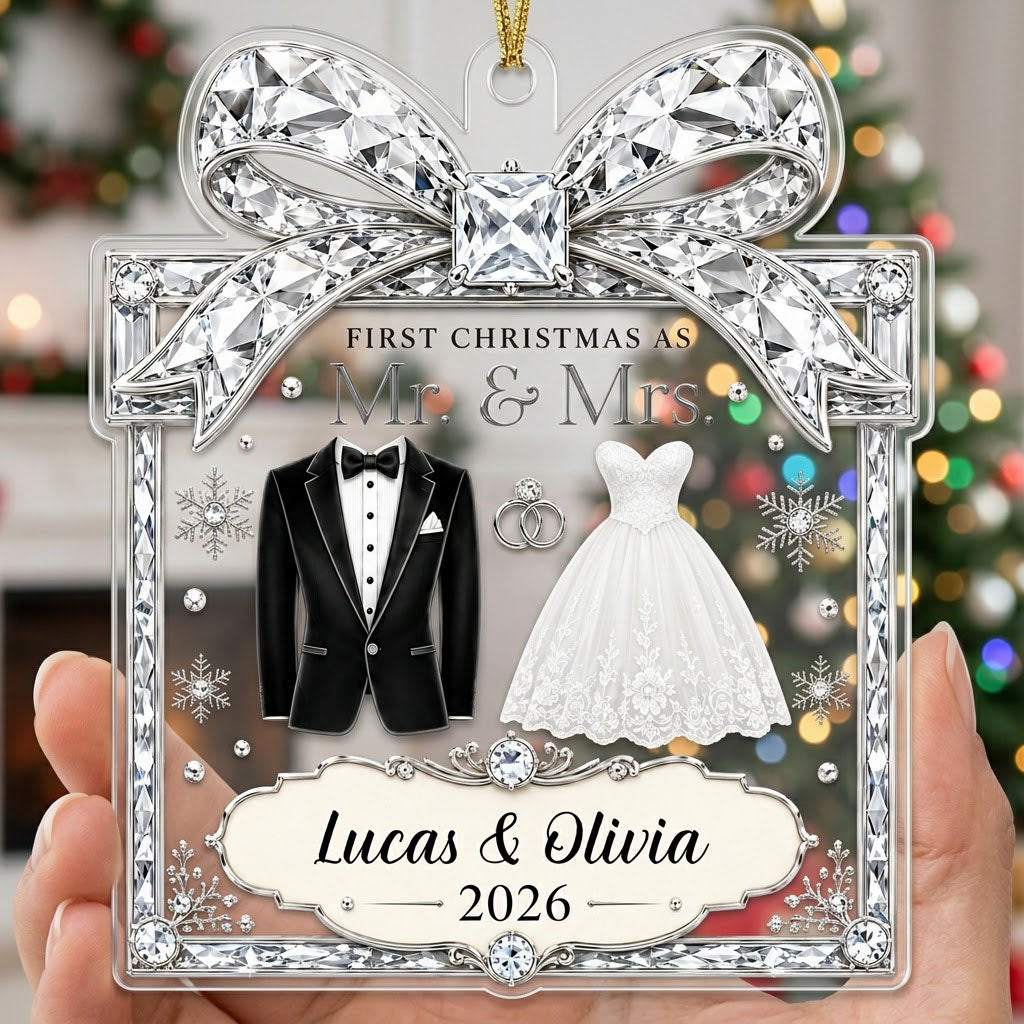 Clear acrylic gift-box ornament with jeweled bow, tuxedo jacket, wedding gown, silver rings and a silver banner.