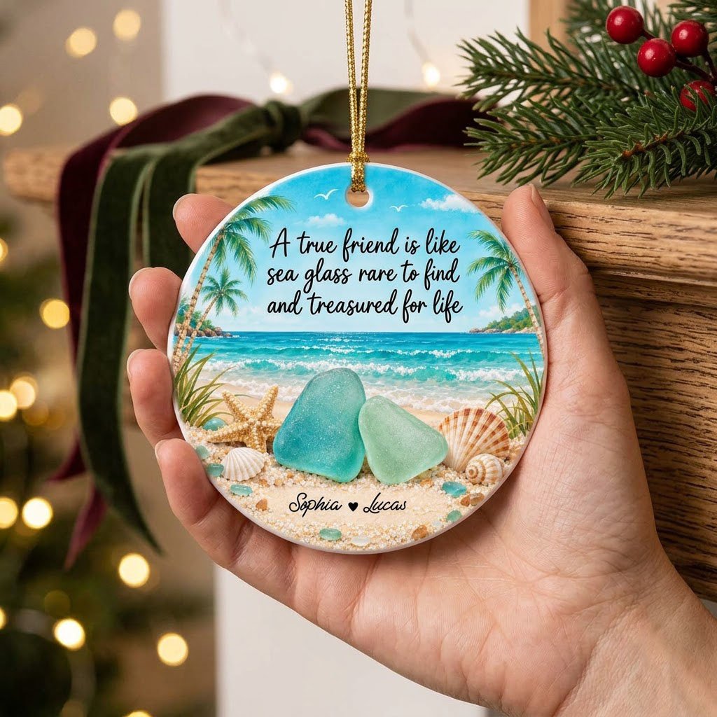 Round ceramic ornament with beach scene, palm trees, sea glass, shells, and a friendship quote with two names.