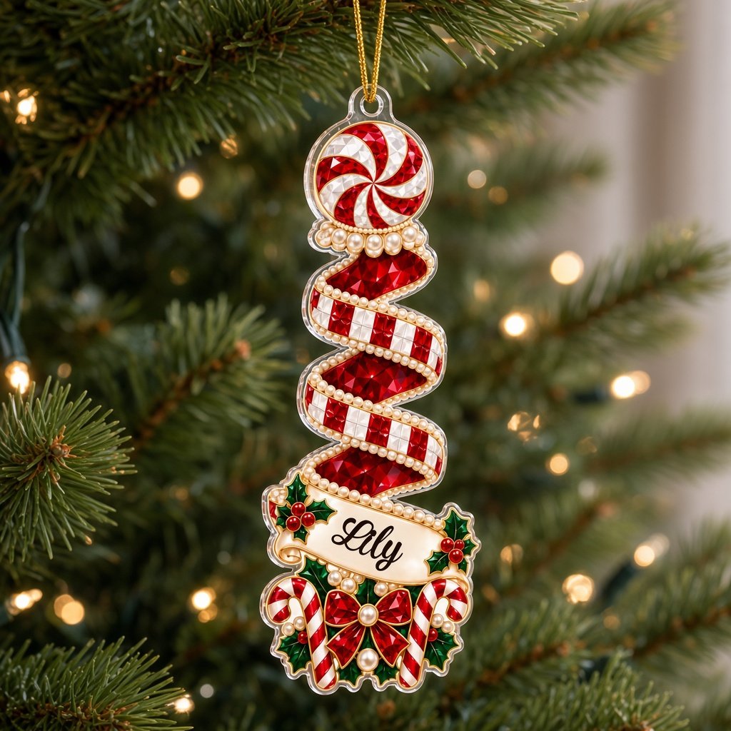 Clear acrylic spiral tree ornament with peppermint or elf top, holly and candy details, and a personalized name banner.