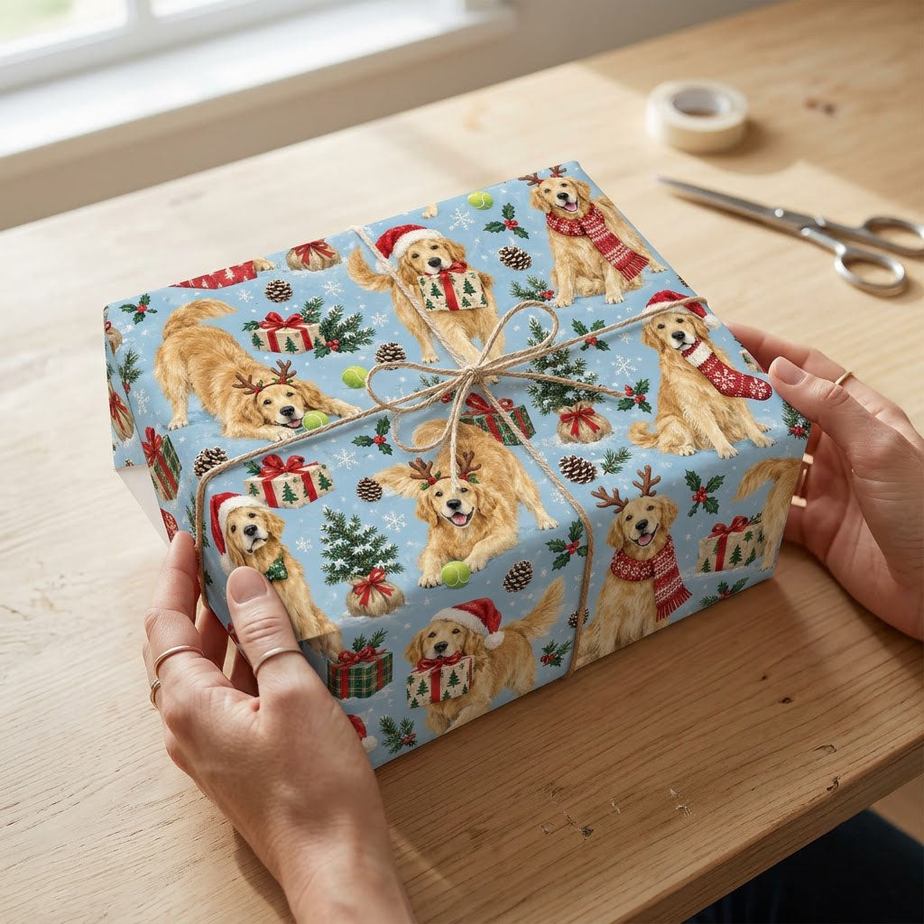 Light blue wrapping paper with Golden Retrievers in festive accessories, Christmas trees, gifts and snowflakes.