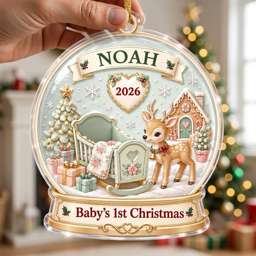Acrylic snowglobe ornament with Baby's 1st Christmas, fawn with red bow, cradle, tree, gifts and gingerbread house