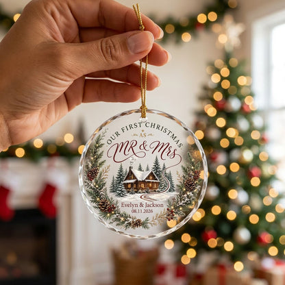 Personalized Our First Christmas as Mr & Mrs Winter Cabin Wreath Round Glass Ornament