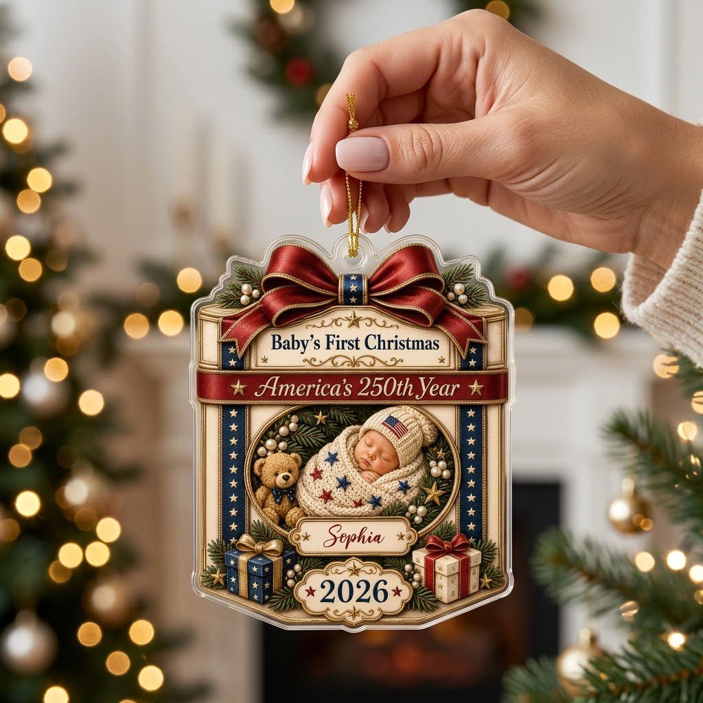 Personalized America 250th Baby's First Christmas Gift Box Acrylic Ornament, Custom Patriotic Keepsake